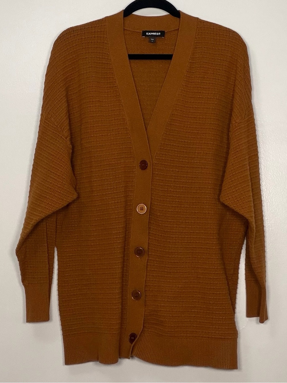 Express Women's Burnt Orange Button-Front Ribbed Cardigan